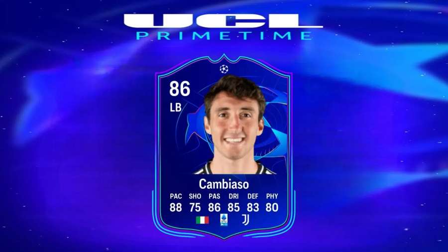 Andrea Cambiaso 86 OVR UCL Primetime card featuring UEFA Champions League design