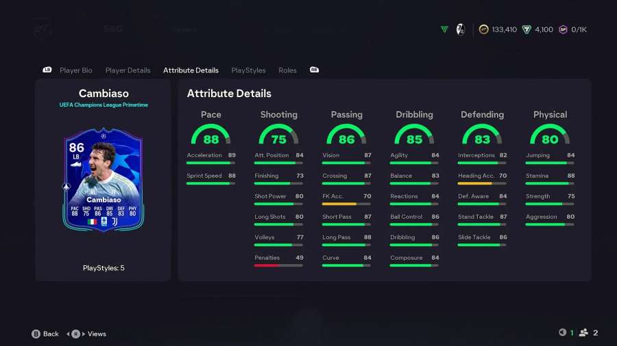 Detailed attribute breakdown showing Cambiaso's stats including 88 pace and 86 passing