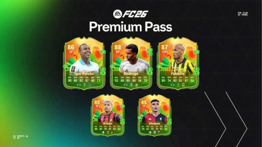 Season 2 Premium Pass rewards featuring Rodrygo 88 OVR and other high-rated player cards