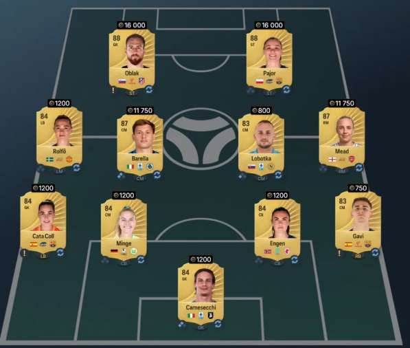 Squad 3 solution featuring 86-rated team with Oblak, Pajor, and Barella