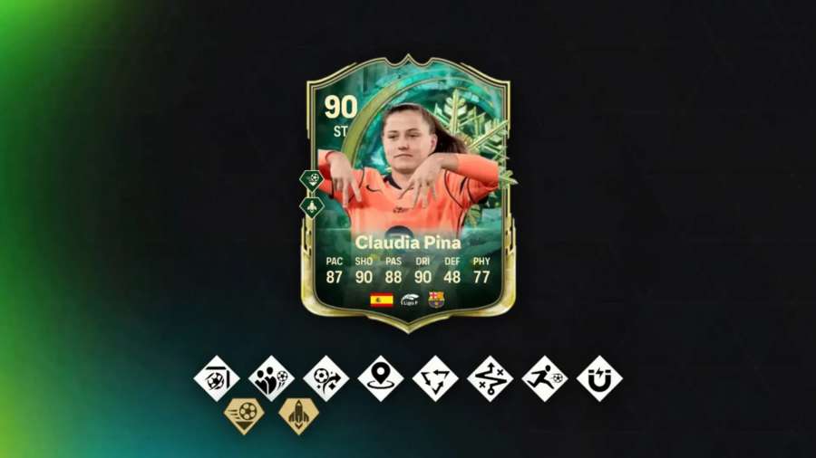 Claudia Pina In All Areas Evolution upgraded card with stats and PlayStyles FC 26