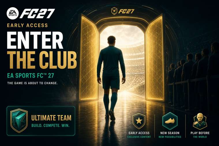 Footballer entering a glowing stadium gate ahead of FC 27 early access