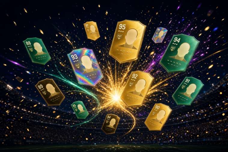 FC 27 Ultimate Team cards bursting over a night stadium